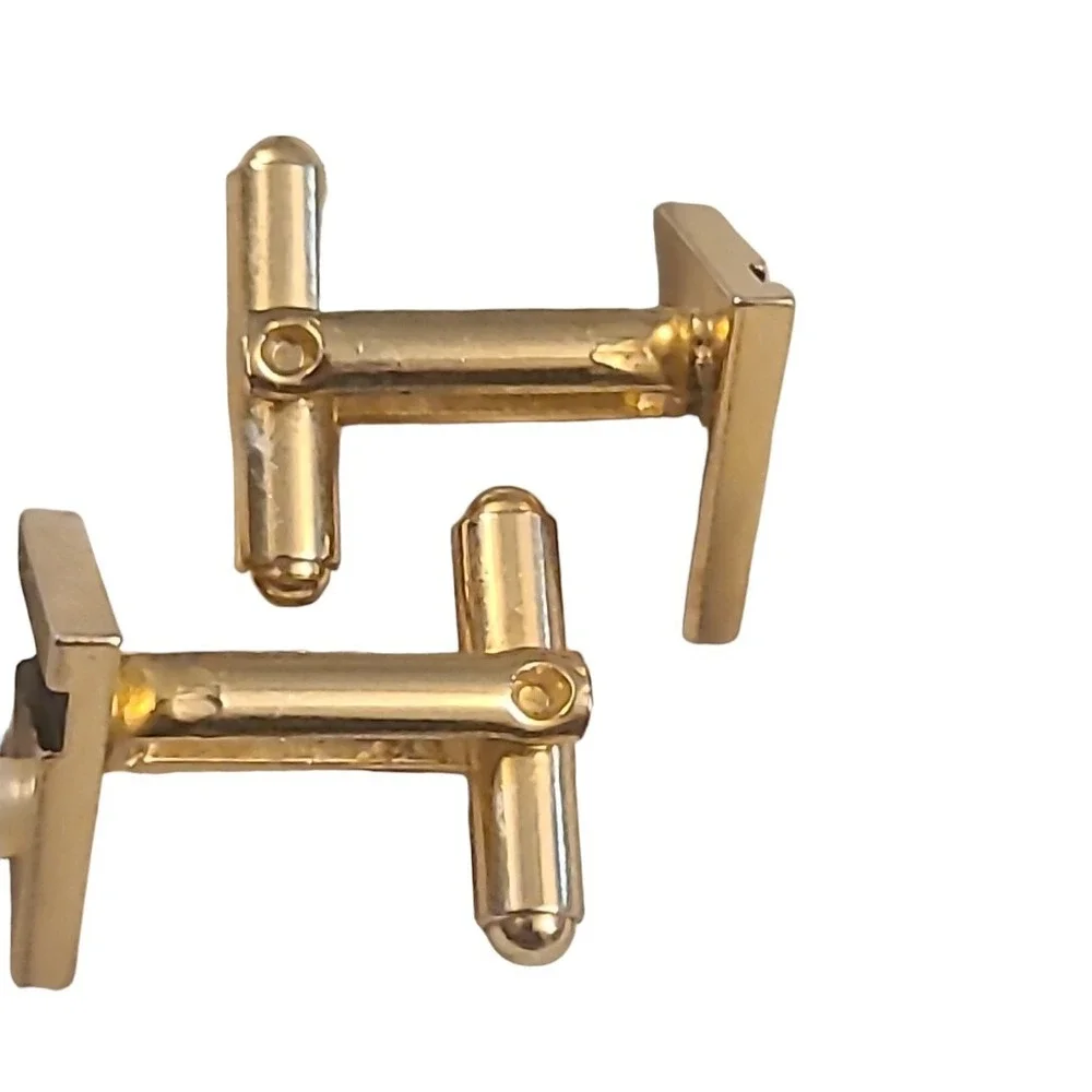 Vintage Gold Tone Faux Pearls‎ Black Enamel Men's Triangle Cufflinks Unsigned
